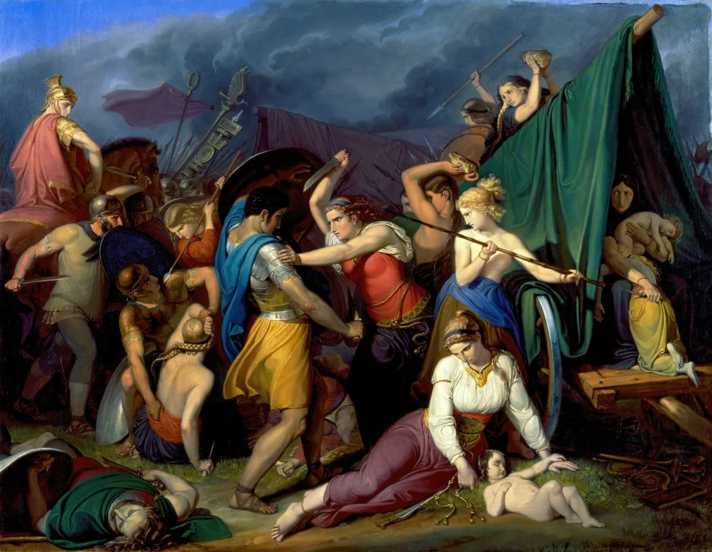 The Women Of The Cimbers Defending Their Chariot Against The Romans Wall Art by Wilhelm Lindenschmit the Elder - High-Resolution Digital Print