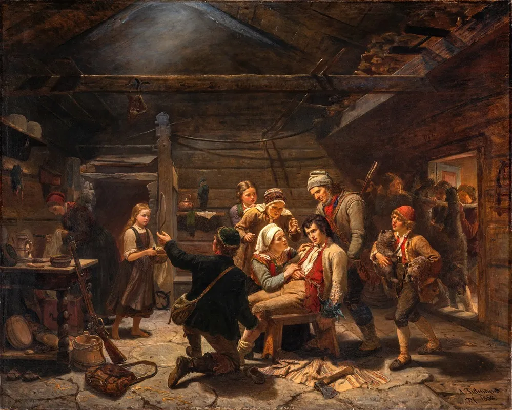 The Wounded Bear Hunter Wall Art by Adolph Tidemand - High-Resolution Digital Print