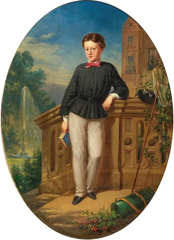 The Young Naturalist Portrait Of A Boy With Butterfly Net And Botanising Drum Wall Art by Wilhelm Pilgram - High-Resolution Digital Print