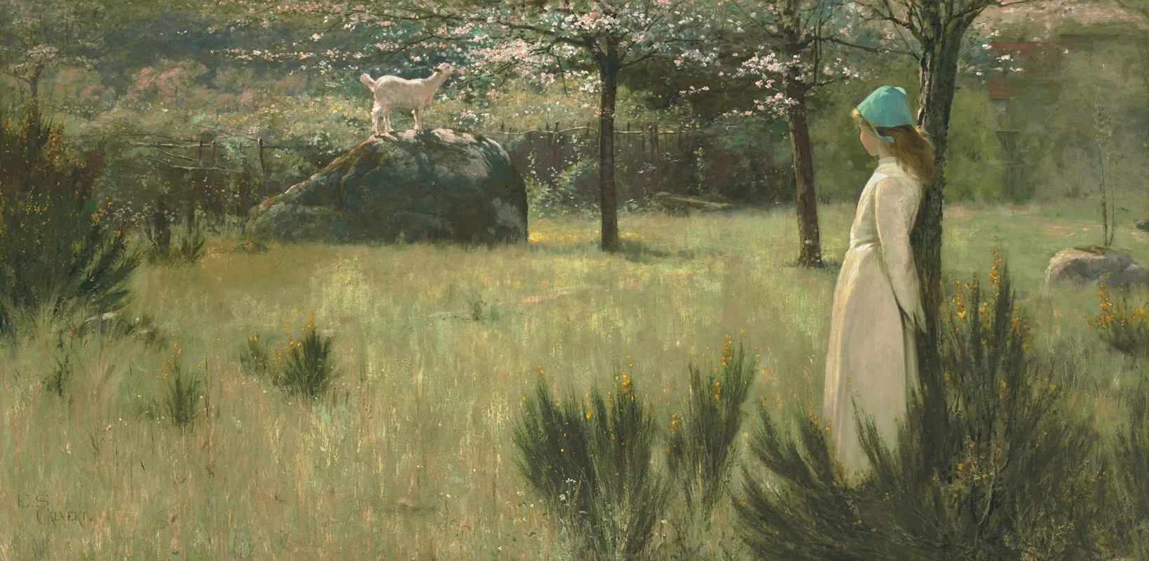 The Young Shepherdess And Her Goat In A Springtime Pasture