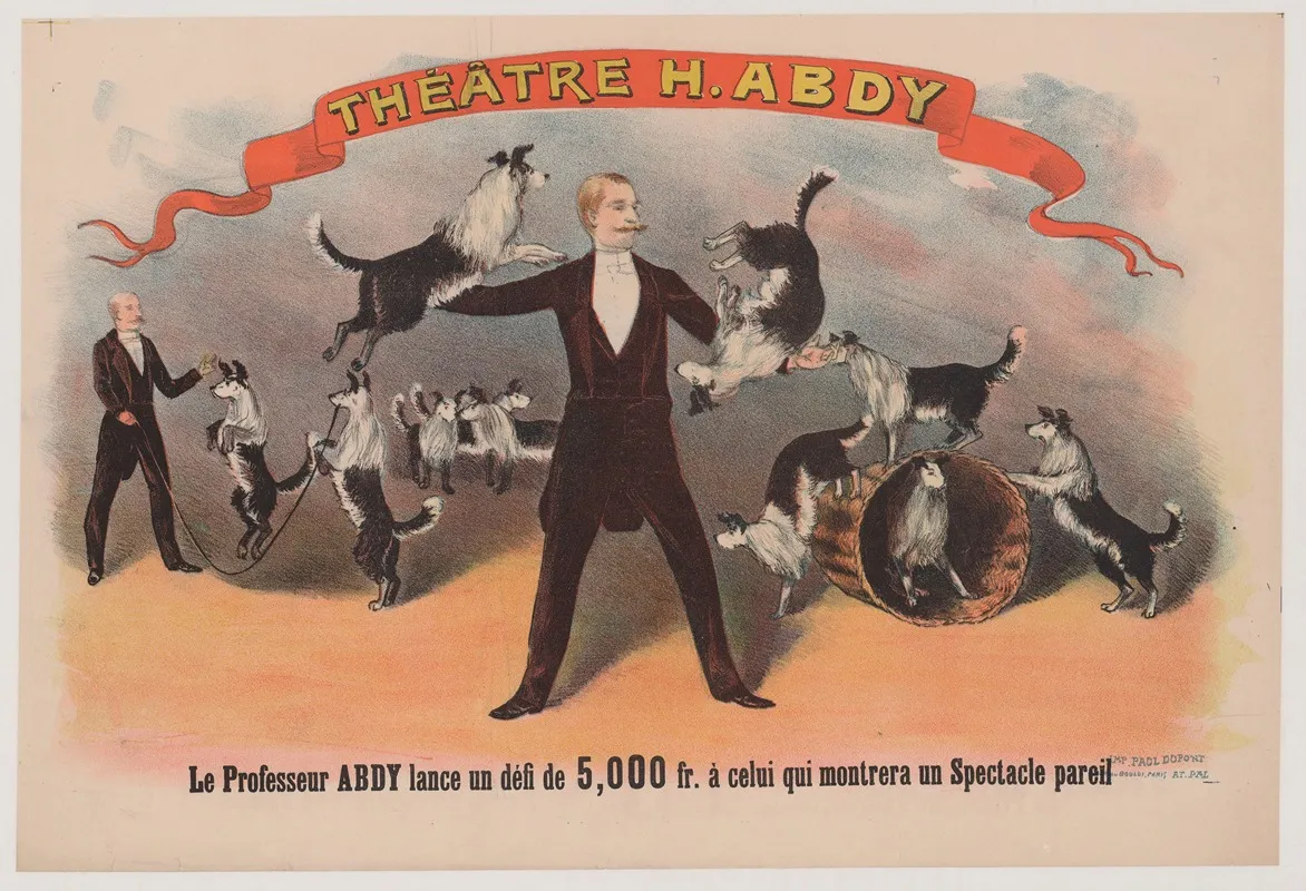 Theatre H Abdy Le Professeur Abdy Lance Un Defi De 5000 Fr A Celui Qui Montrera Un Spectacle Pareil Chiens Savants Wall Art by Imp. Paul Dupont - High-Resolution Digital Print