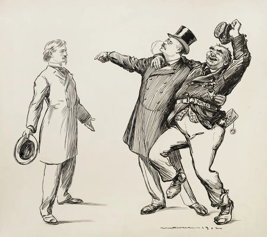Theodore Roosevelt Arm In Arm With A Man That Has Bum Written On His Hat