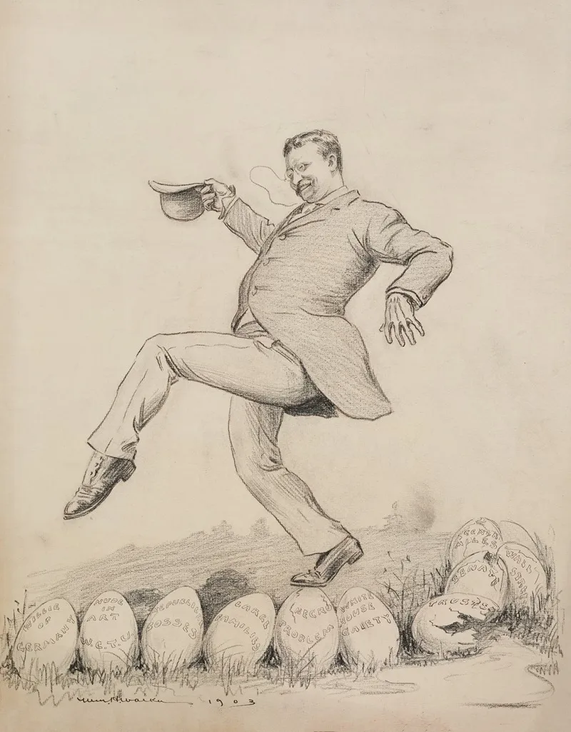 Theodore Roosevelt Stepping Lightly Over Eggs That Represent Potential Problems