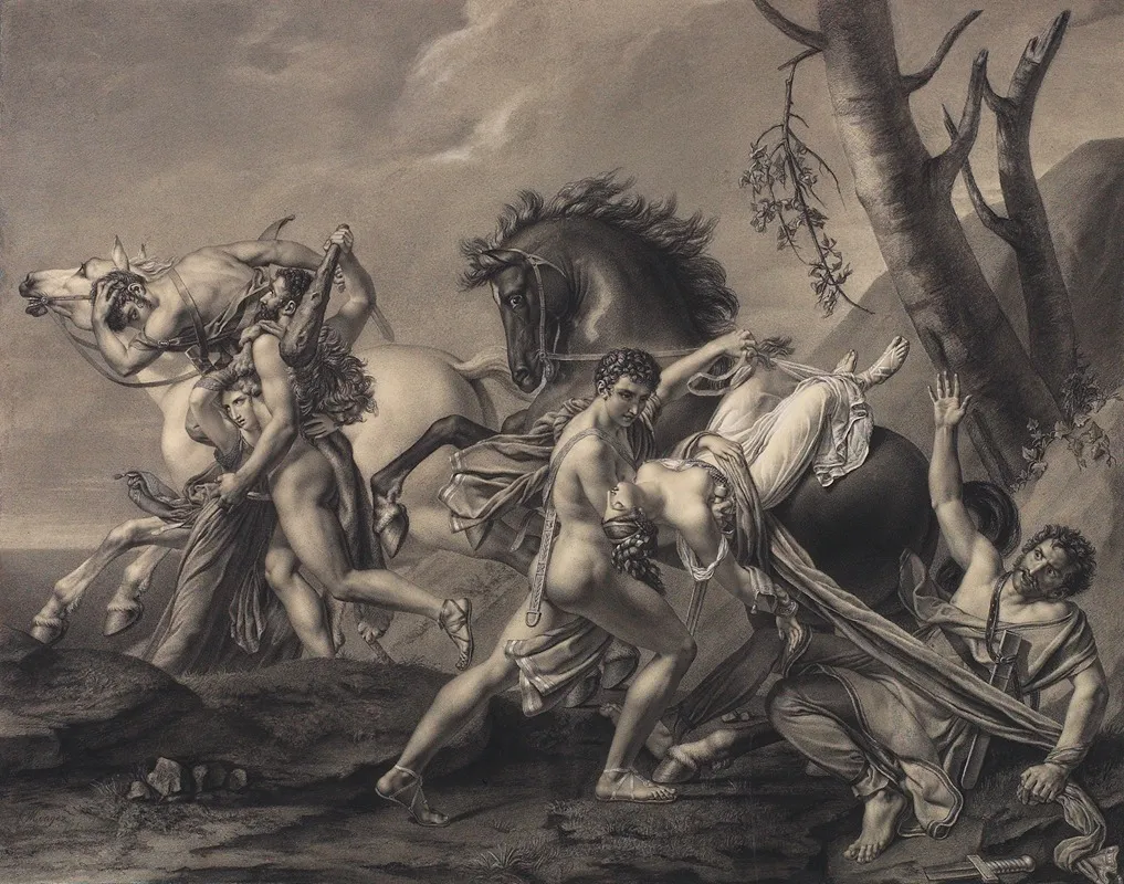 Theseus And Pirithous Clearing The Earth Of Brigands Deliver Two Women From The Hands Of Their Abductors Wall Art by Angélique Mongez - High-Resolution Digital Print