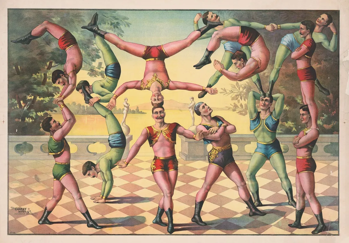 Thirteen Men Doing Acrobatics Wall Art by Calvert Litho. Co - High-Resolution Digital Print