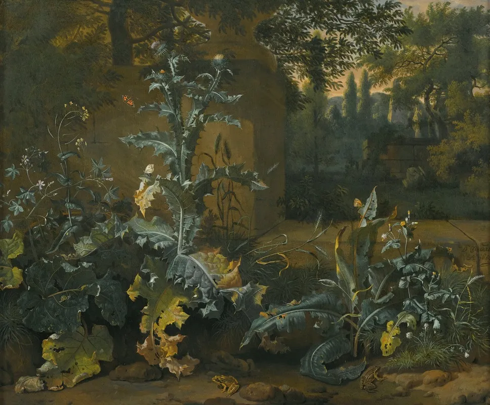 Thistles Dock And Other Forest Floor Plants In A Parkland Setting With Frogs Butterflies And Snails