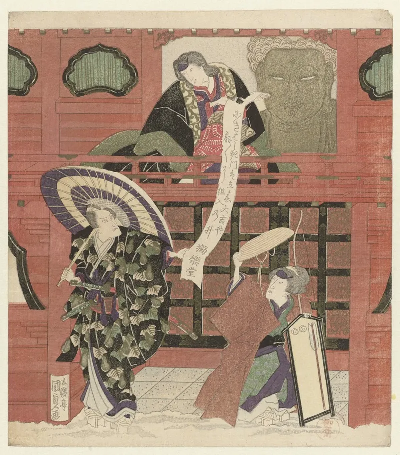 Three Actors At A Temple Gate Wall Art by Utagawa Kunisada (Toyokuni III) - High-Resolution Digital Print