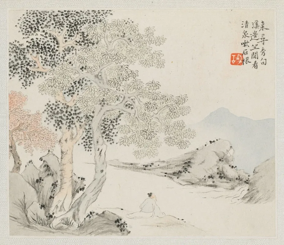 Three Big Trees A Stream With An Old Man Sitting On The Bank Wall Art by Hua Yan - High-Resolution Digital Print