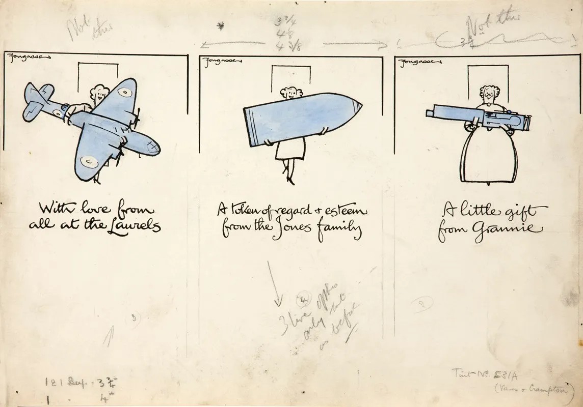 Three Cartoon Figures Of Women Carrying An Aeroplane A Shell And A Machine Gun Wall Art by Cyril Kenneth Bird (Fougasse)   - High-Resolution Digital Print