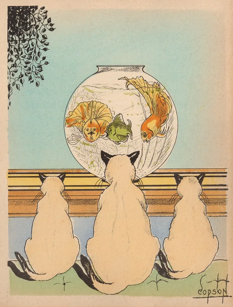 Three Cats Watching Fish In An Aquarium Wall Art by Clyde A. Copson - High-Resolution Digital Print