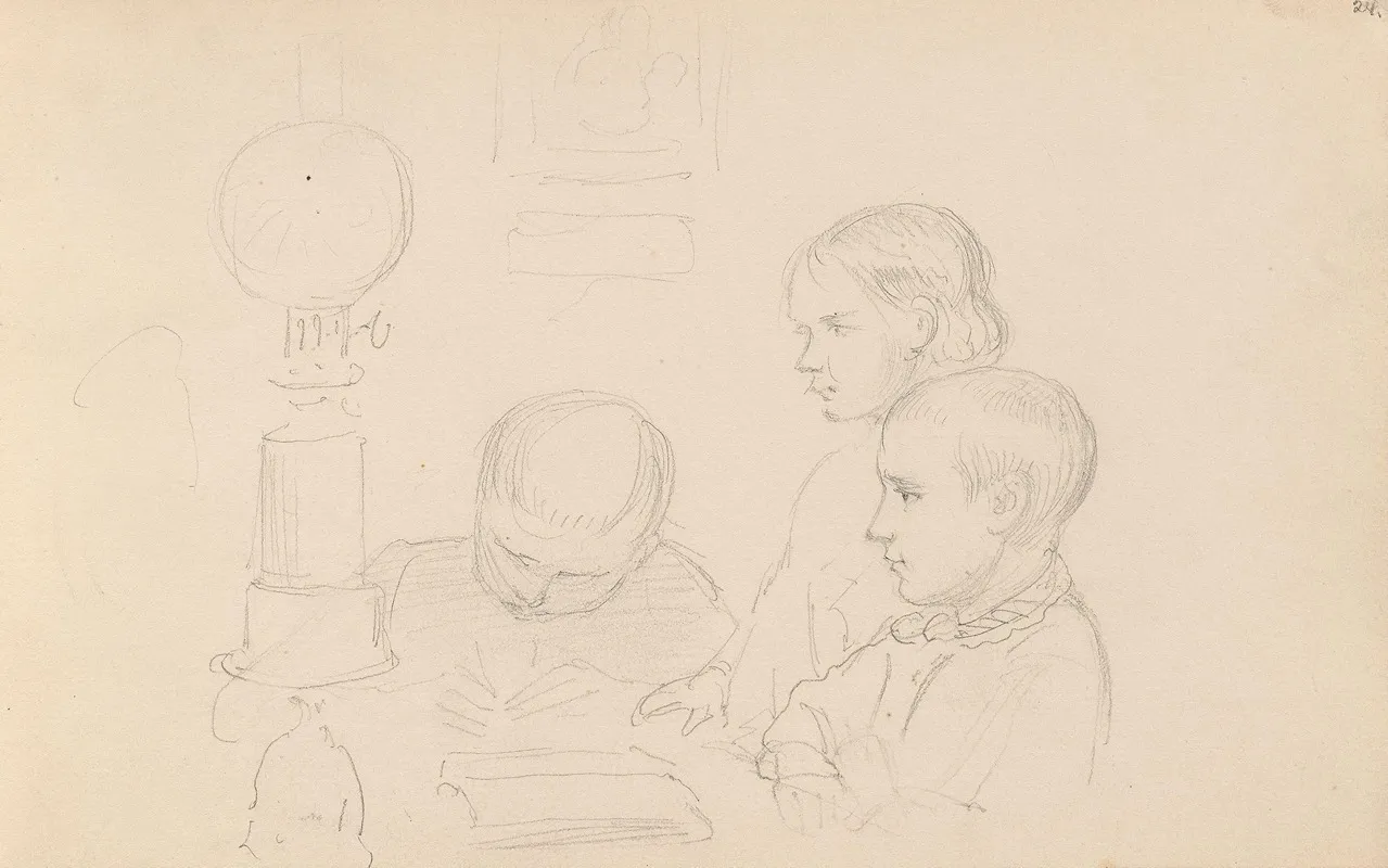 Three Children By A Kerosene Lamp Wall Art by Adolph Tidemand - High-Resolution Digital Print