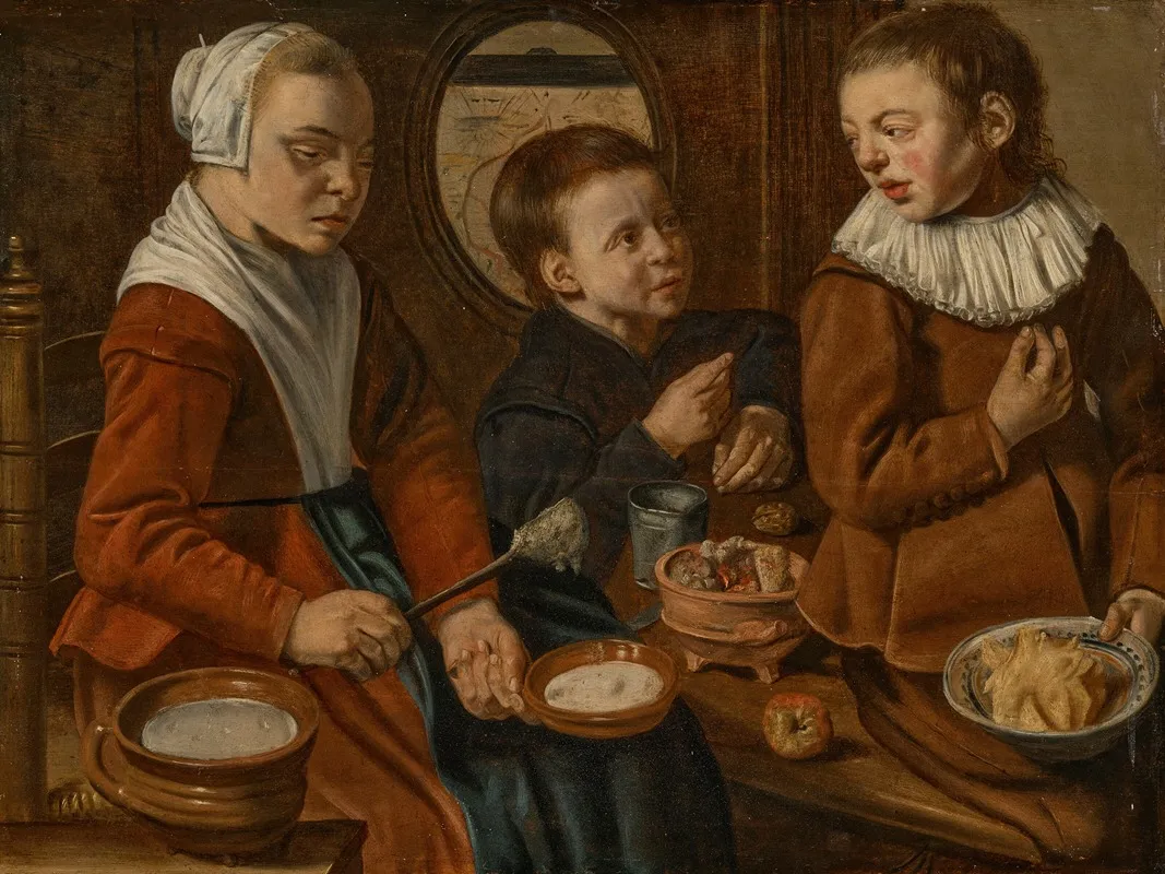 Three Children In A Kitchen Interior Wall Art by Jan Woutersz Stap - High-Resolution Digital Print