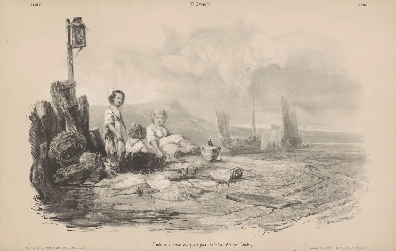 Three Children Playing In A Bay Wall Art by Léon Jean Baptiste Sabatier - High-Resolution Digital Print