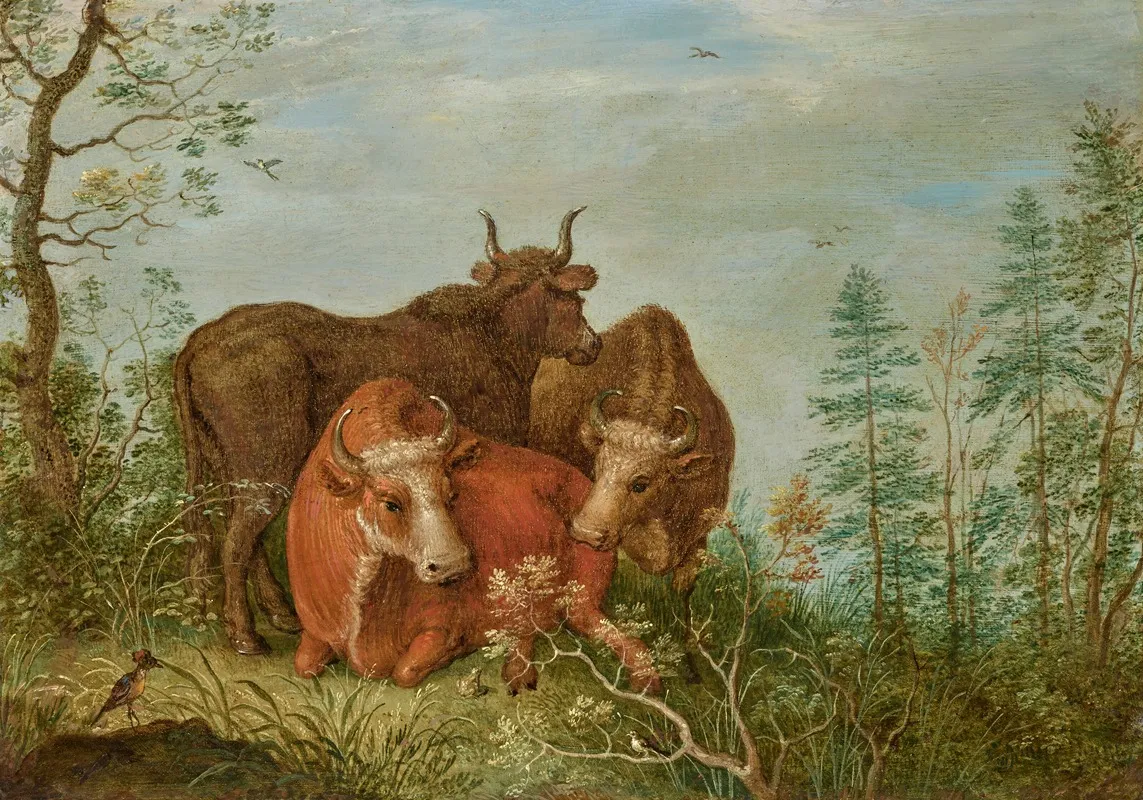 Three Cows A Bird And A Frog In A Landscape Wall Art by Gillis Claesz. de Hondecoeter - High-Resolution Digital Print