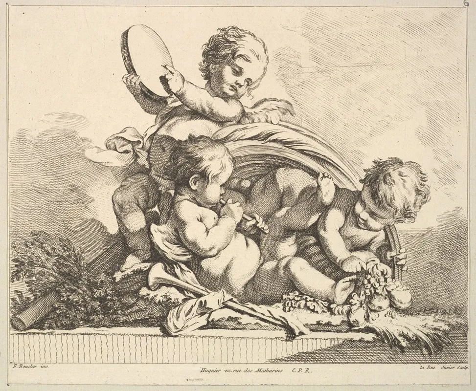 Three Cupids Two Playing Music One Holding Palm Leaves After F Boucher