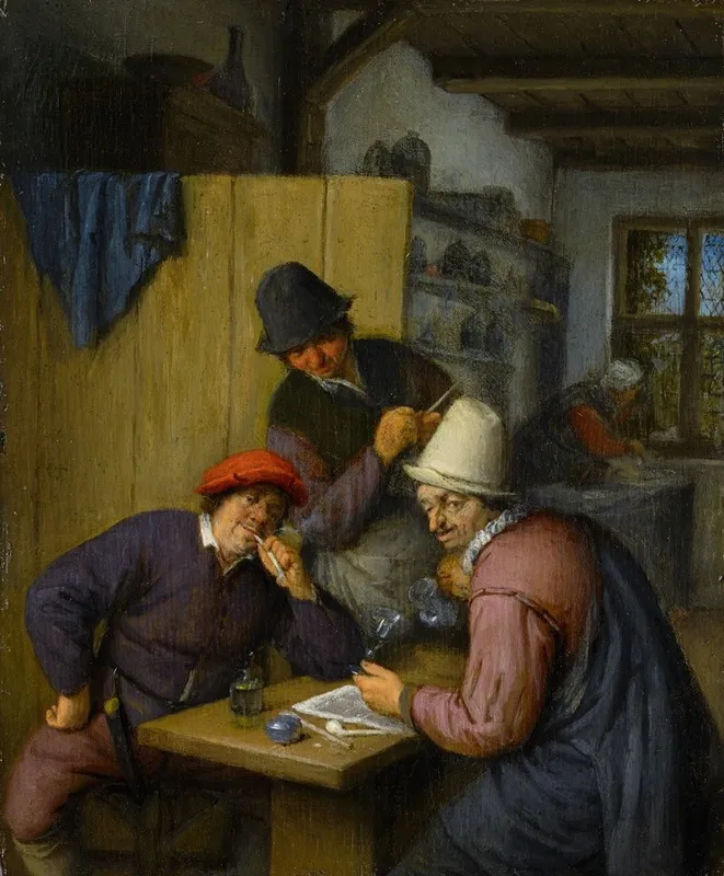 Three Drinking And Smoking Farmers In A Tavern Wall Art by Adriaen van Ostade - High-Resolution Digital Print