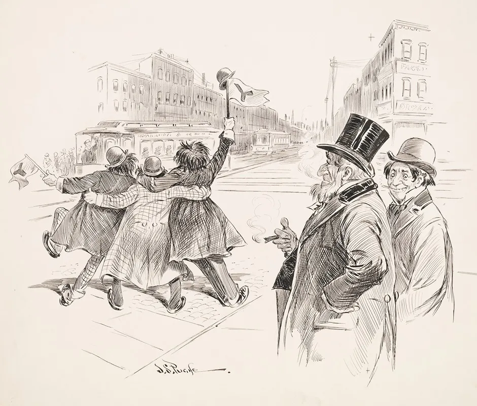 Three Drunken Yalies Wave Down The Street As Elder Man And Grinning Young Man Look On
