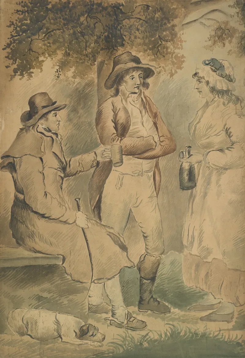 Three Figures And A Dog Wall Art by George Morland - High-Resolution Digital Print