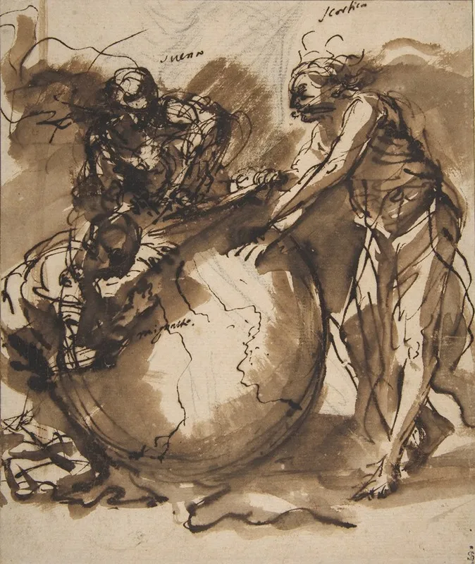Three Figures Around A Globe Wall Art by Salvator Rosa - Canvas Print