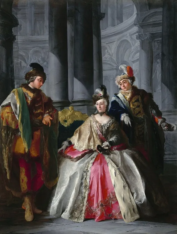 Three Figures Dressed For A Masquerade