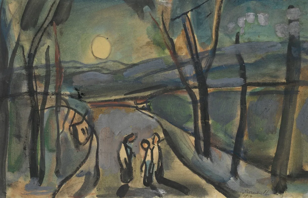 Three Figures In A Moonlit Landscape