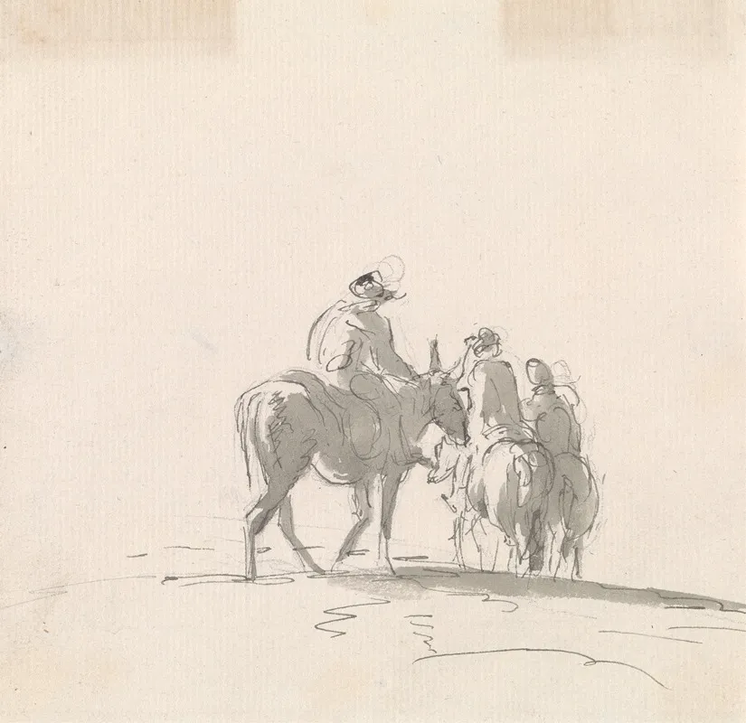 Three Figures Mounted On Mules