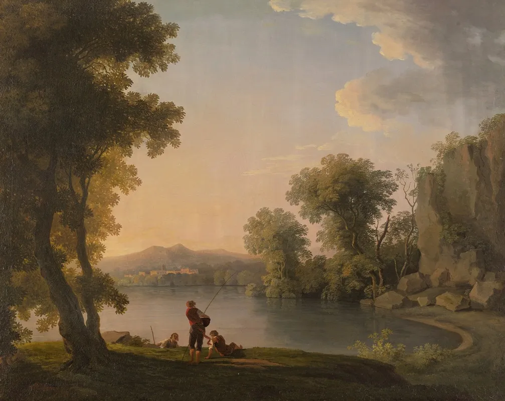 Three Fisherman Resting Alongside A Lake Wall Art by Follower of William Ashford - High-Resolution Digital Print