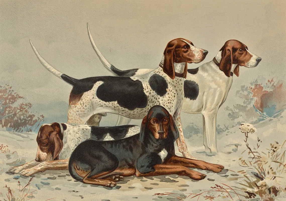Three Foxhounds With Coonhound Wall Art by Alexander Pope Jr. - High-Resolution Digital Print