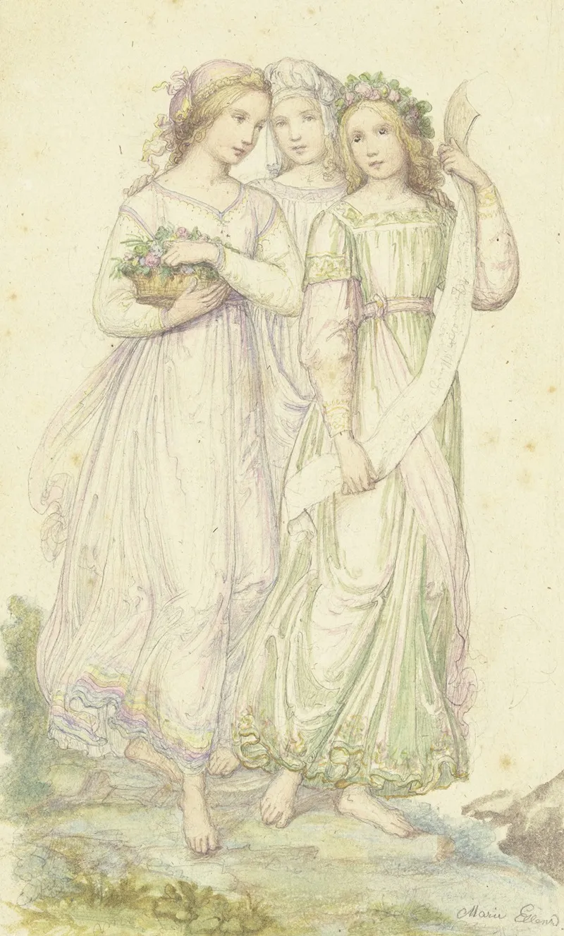 Three Girls With Flowers Wall Art by Marie Ellenrieder - High-Resolution Digital Print