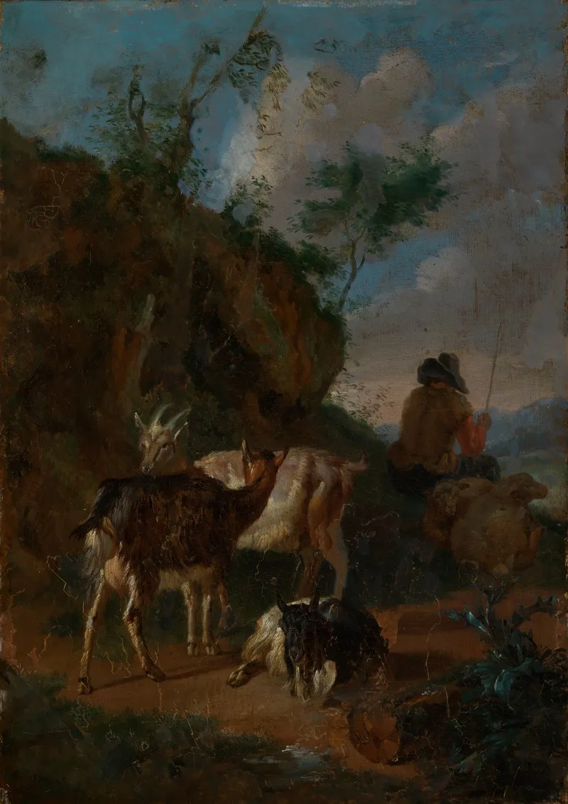 Three Goats And Shepherd With Sheep Wall Art by Pieter van Bloemen - High-Resolution Digital Print