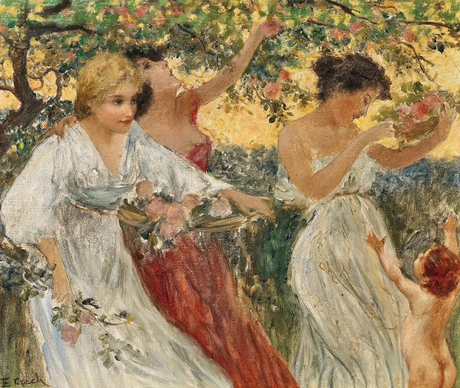 Three Graces Under A Blossoming Tree Wall Art by Emil Czech - High-Resolution Digital Print