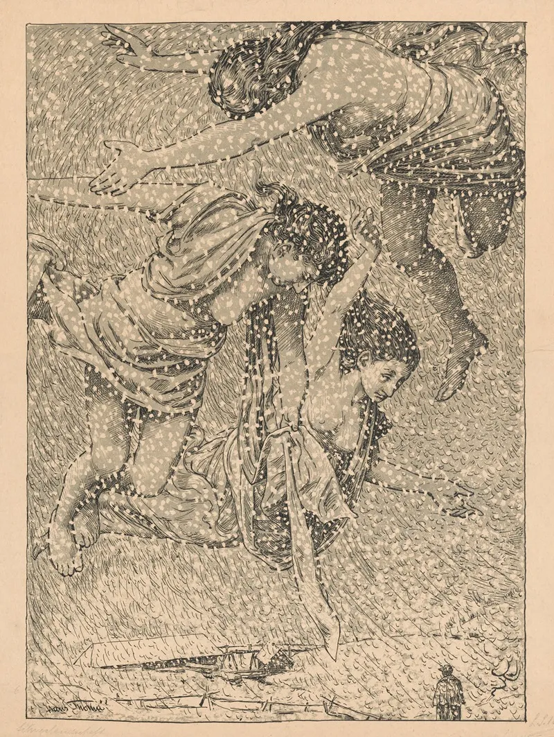 Three Half Naked Women Dancing In A Snowstorm Wall Art by Hans Thoma - High-Resolution Digital Print