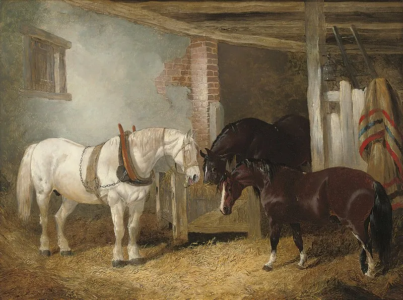 Three Horses In A Stable Feeding From A Manger Wall Art by John Frederick Herring Jr. - High-Resolution Digital Print