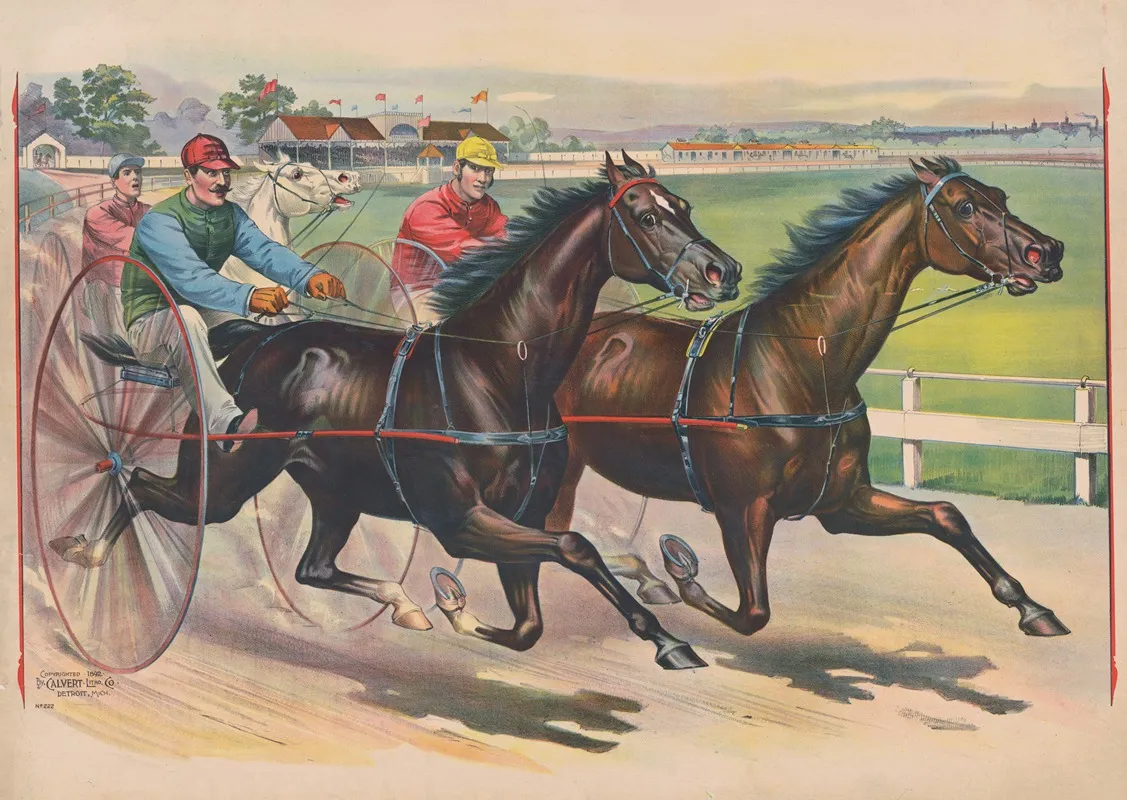 Three Horses With Jockeys Running A Harness Race Wall Art by Calvert Litho. Co - High-Resolution Digital Print