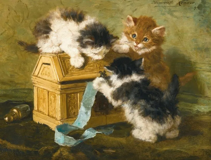 Three Kittens With A Casket And Blue Ribbon Wall Art by Henriëtte Ronner-Knip - High-Resolution Digital Print
