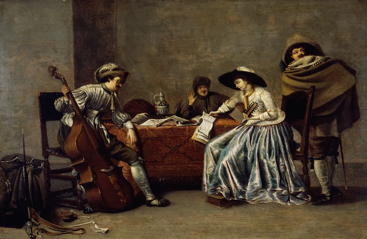 Three Men And A Woman In An Interior Wall Art by Jacob Duck - High-Resolution Digital Print