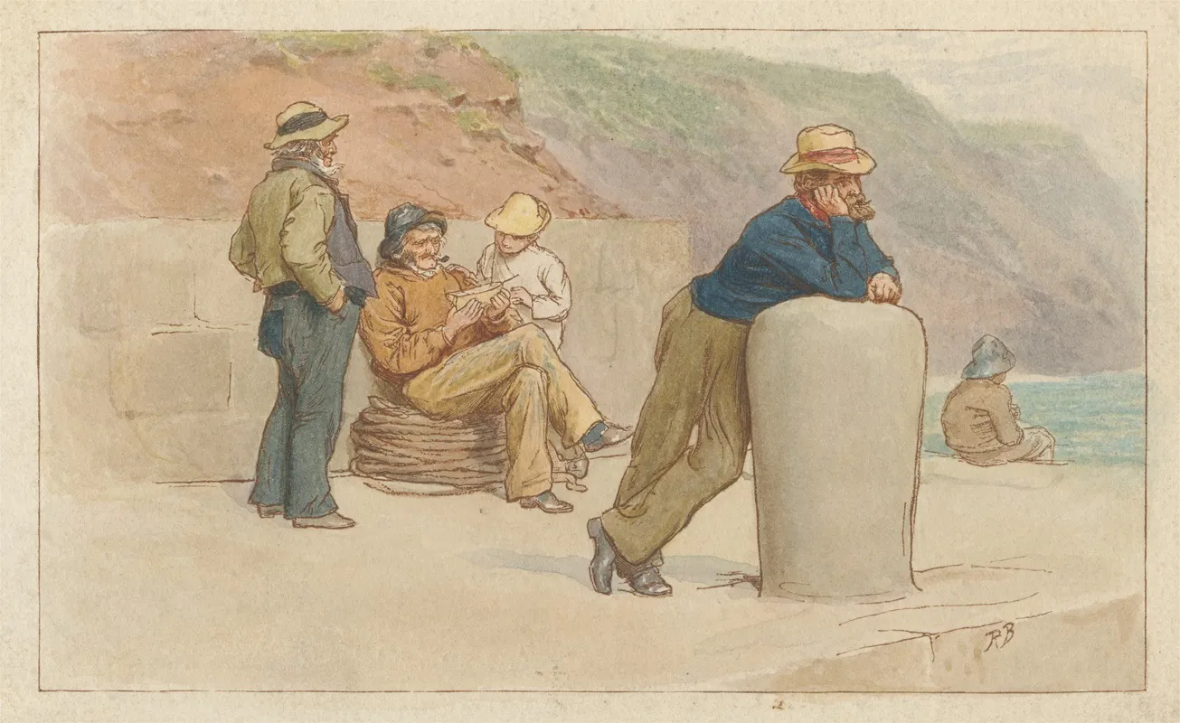 Three Men And Two Boys Sitting On A Pier Wall Art by Robert Barnes - High-Resolution Digital Print