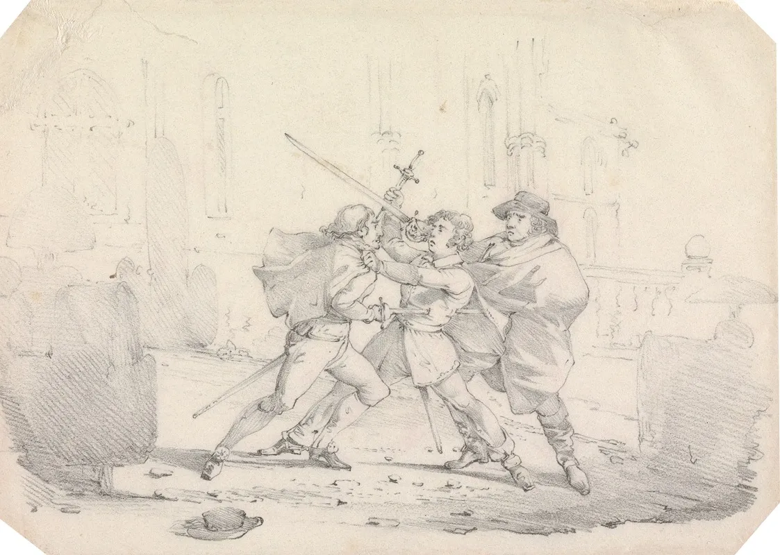 Three Men In Seventeenth Century Dress In A Street Sword Fight Central Man Run Through