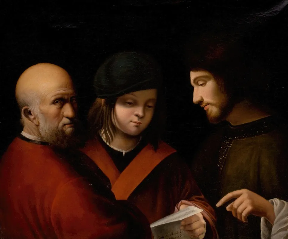 Three Men Reading A Musical Score Wall Art by Pierre Carloni - High-Resolution Digital Print