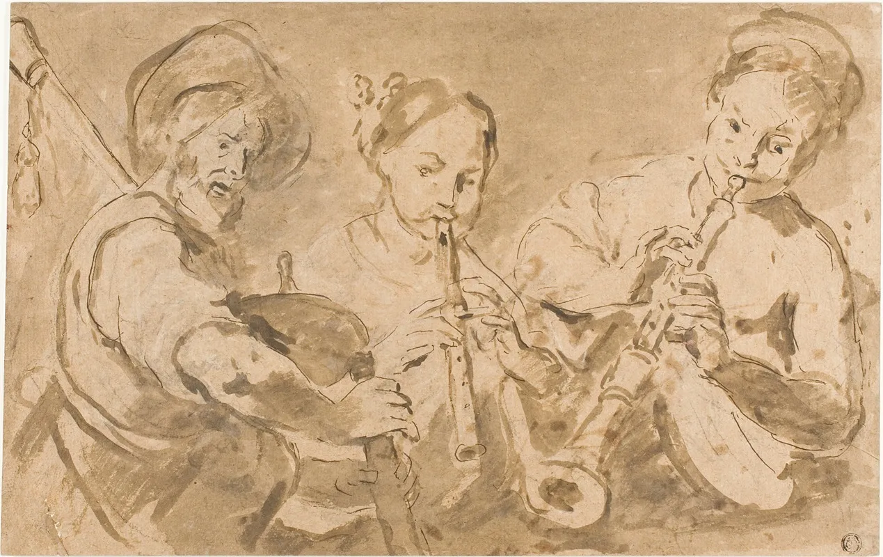 Three Musicians Playing Horns And Pipe Wall Art by After Bernardo Strozzi - High-Resolution Digital Print