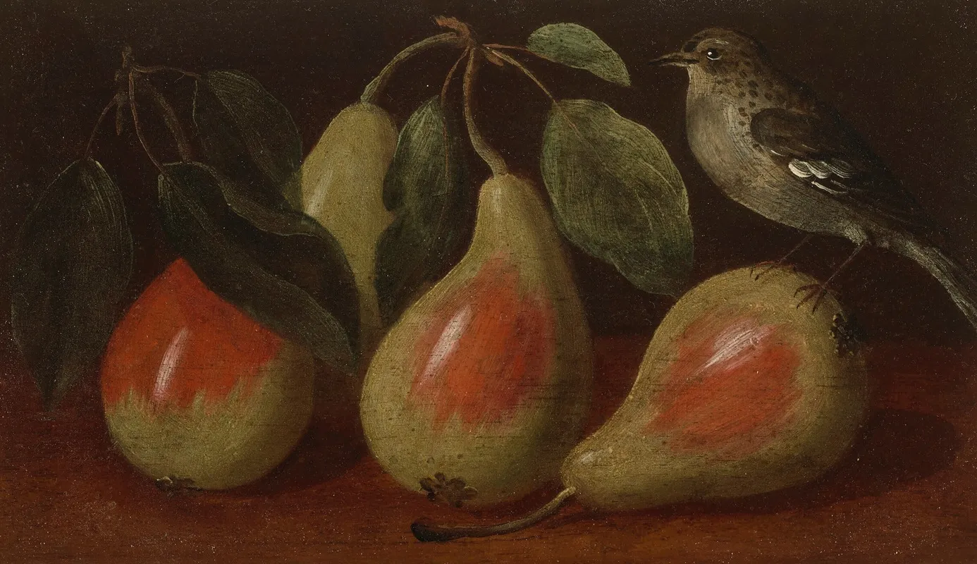 Three Pears And A Bird On A Ledge Wall Art by Orsola Maddalena Caccia - High-Resolution Digital Print