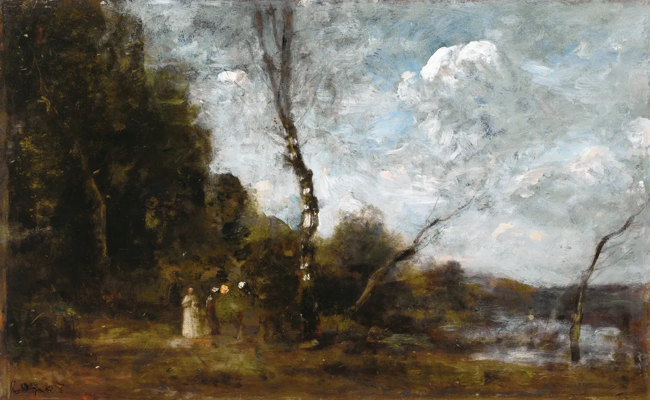 Three Peasant Women By A Wood Wall Art by Jean-Baptiste-Camille Corot - High-Resolution Digital Print