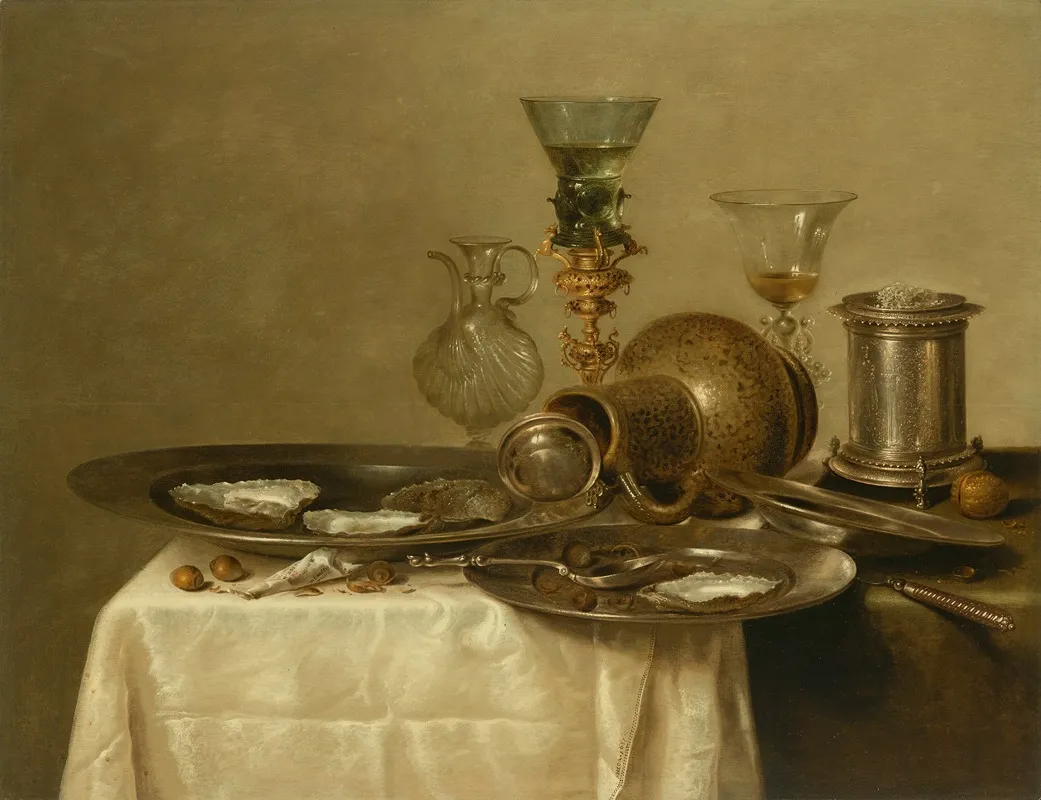 Three Pewter Plates With Oysters An Over Turned Stoneware Jug A Silver Salt Cellar A Glass Carafe A Roemer On A Gilt Cupholder Wall Art by Willem Claesz Heda - High-Resolution Digital Print