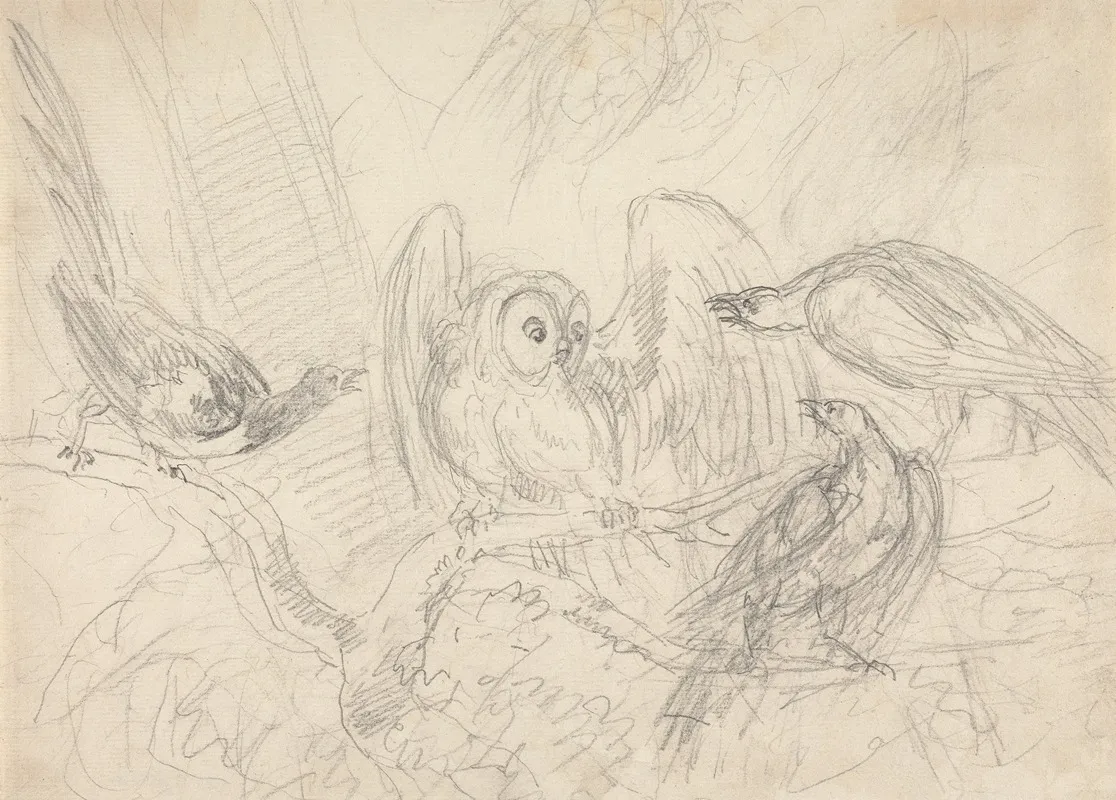 Three Pheasants Surrounding An Owl