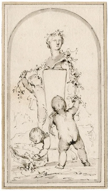 Three Putti Adorning A Herm Of Flora