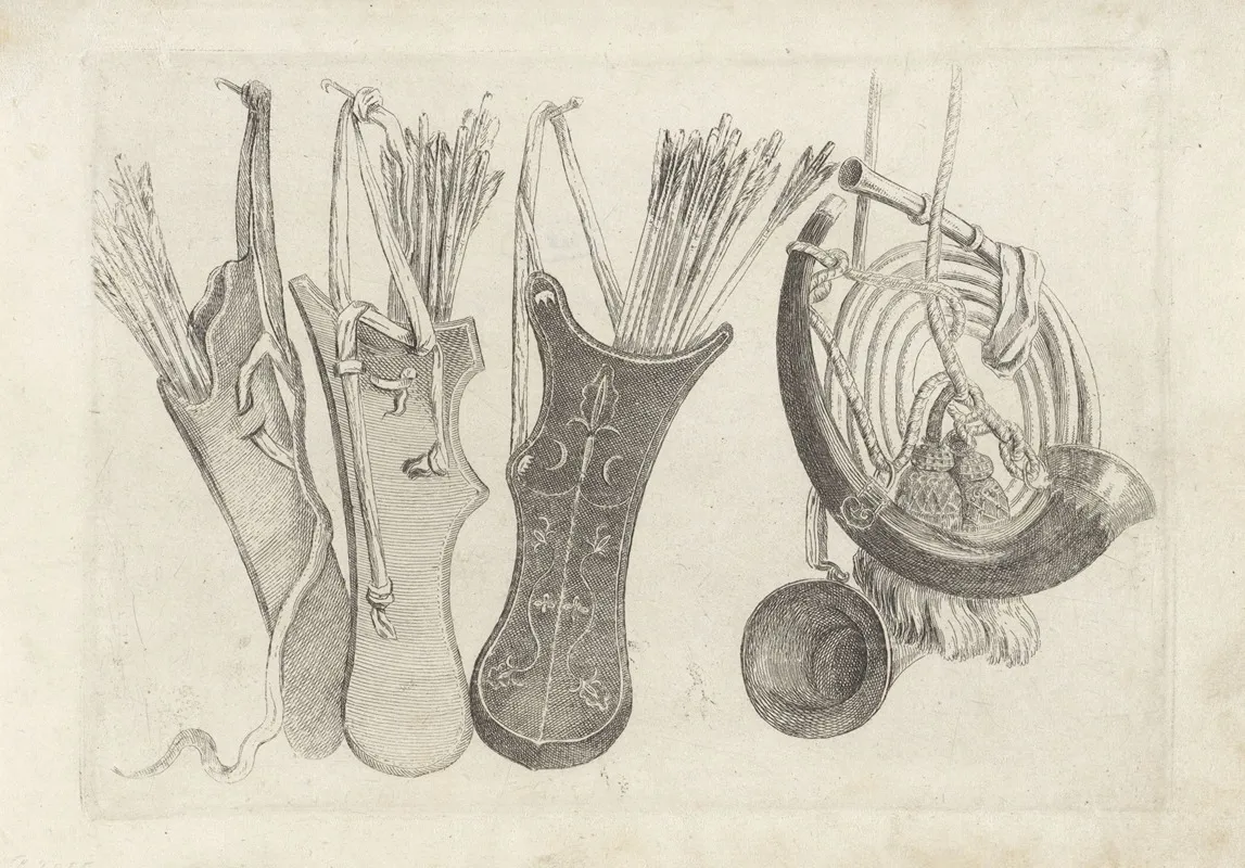 Three Quivers With Arrows And Straps Hanging From Nails At Left Two Hunting Horns At Right