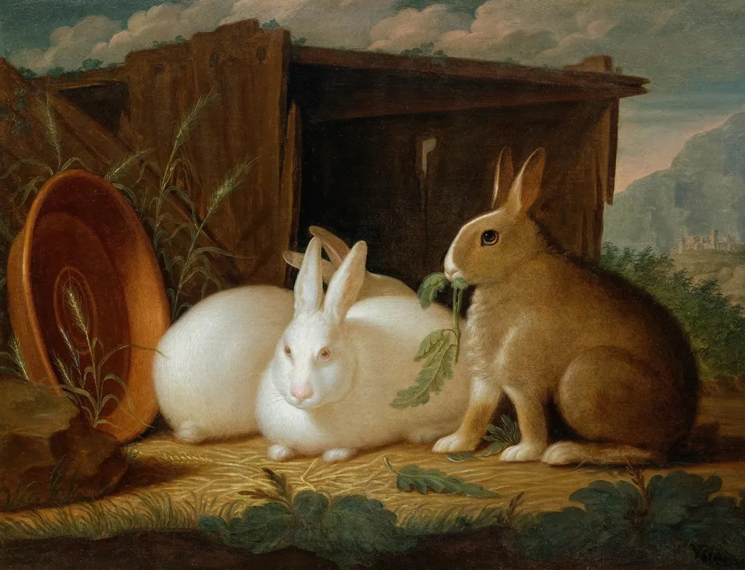 Three Rabbits In A Landscape Wall Art by Johann Wenzel Peter - High-Resolution Digital Print