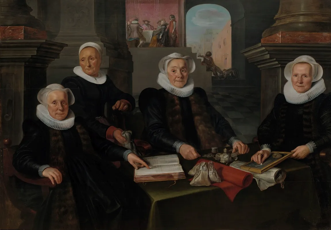 Three Regentesses And The House Mother Of The Amsterdam Lepers Asylum Wall Art by Werner van den Valckert - High-Resolution Digital Print