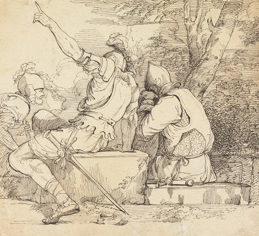 Three Soldiers In Armour Sitting On Stone Blocks