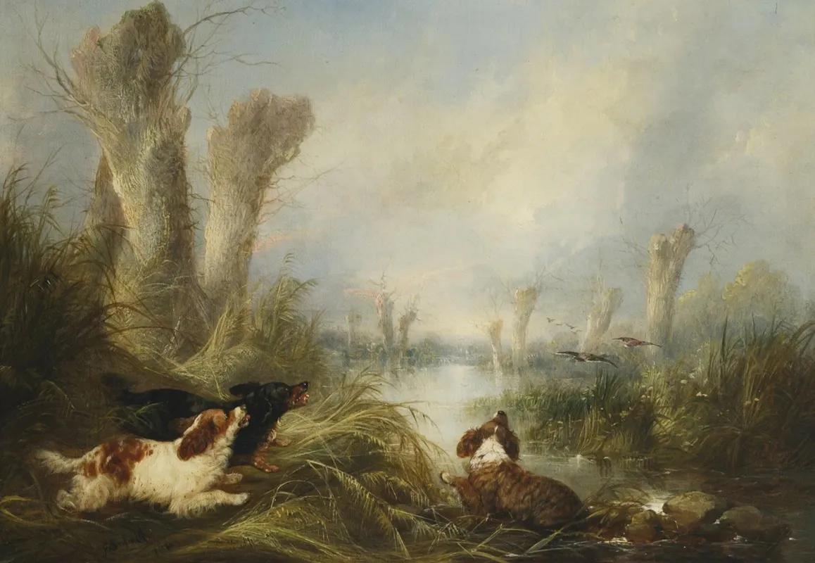 Three Spaniels In A Marsh Wall Art by George Armfield - High-Resolution Digital Print
